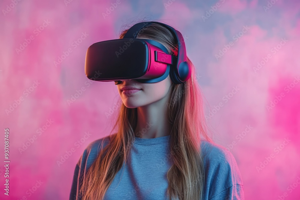 Young woman wearing a futuristic VR headset in a pink tinted environment symbolizing the blend of technology with vibrant modern aesthetics in an immersive and visually striking setting Young woman wearing a futuristic VR headset in a pink tinted environment symbolizing the blend of technology with vibrant modern aesthetics in an immersive and visually striking setting