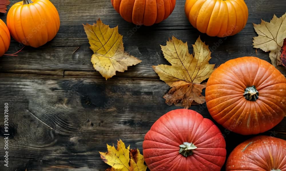Three pumpkins on rustic wood table with fall leaves Three pumpkins on rustic wood table with fall leaves