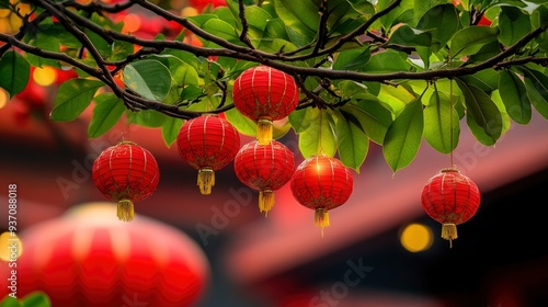 Red Lanterns Hanging from Tree Branch