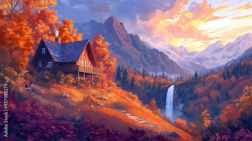 Cozy House on a Hill in Stunning Anime Manga Art Style Background