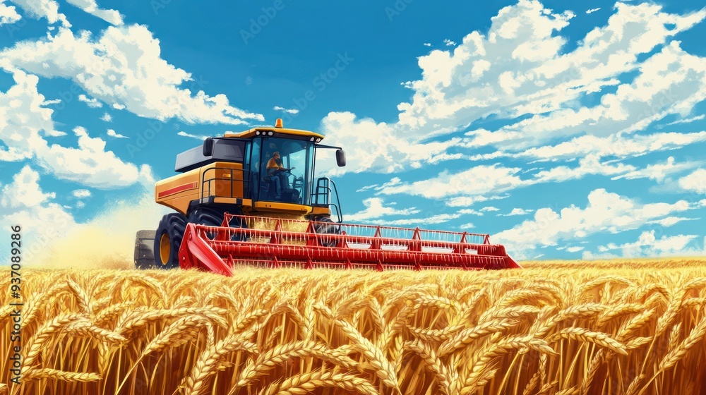 Obraz premium Harvesting Wheat under Blue Sky