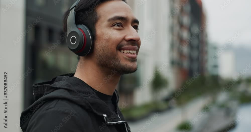 Fitness, man and headphones with relax outdoor for walking, morning cardio and thinking with radio. Runner, happy and streaming subscription for resting, music audio and favorite song in neighbouhood Fitness, man and headphones with relax outdoor for walking, morning cardio and thinking with radio. Runner, happy and streaming subscription for resting, music audio and favorite song in neighbouhood