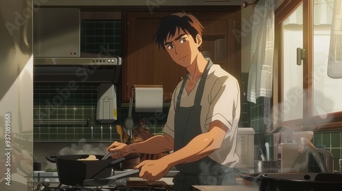 A young father skillfully prepares a meal in a warm, inviting kitchen filled with afternoon sunlight