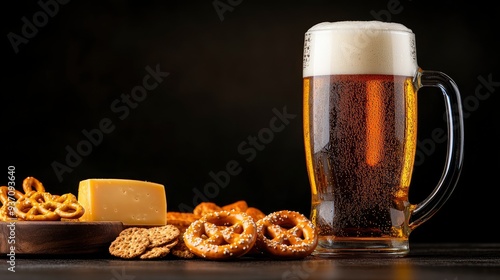 Beer, Pretzels, and Cheese on a Rustic Wooden Table