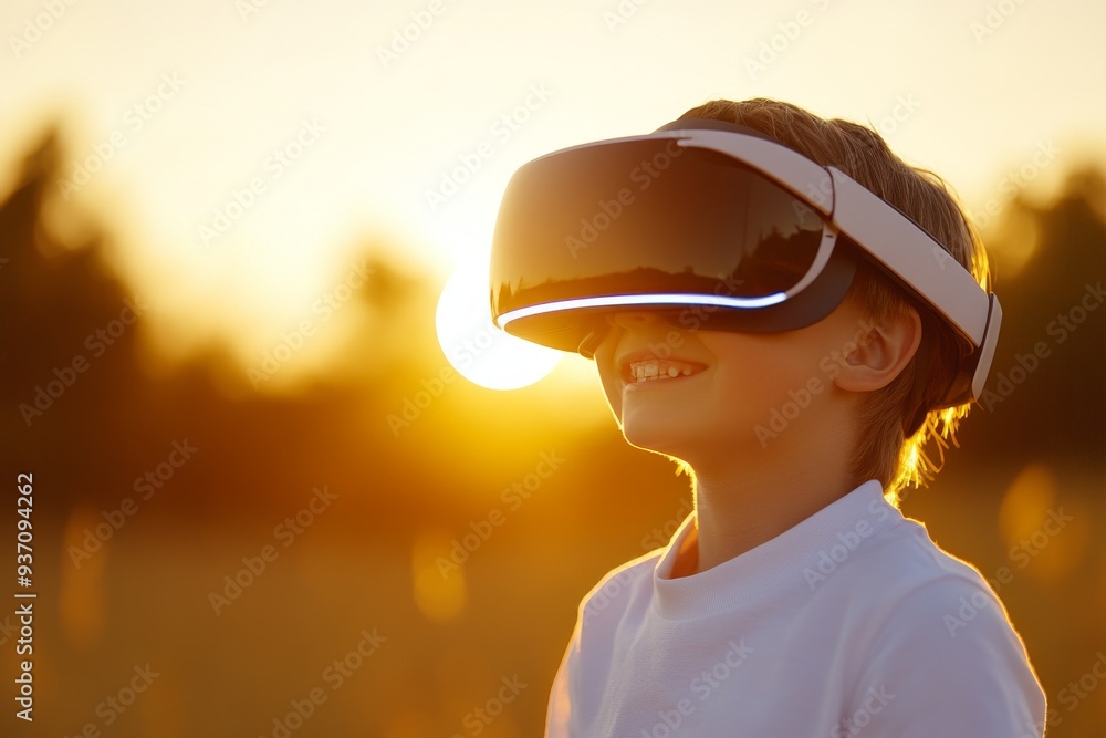 Child wearing a VR headset in a sunny outdoor setting representing the joyful and immersive qualities of modern technology in a natural environment Child wearing a VR headset in a sunny outdoor setting representing the joyful and immersive qualities of modern technology in a natural environment