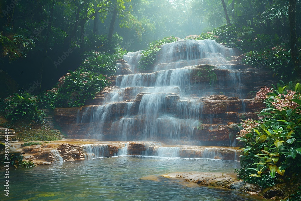 Tranquil Waterfall in Lush Forest. Tranquil Waterfall in Lush Forest.