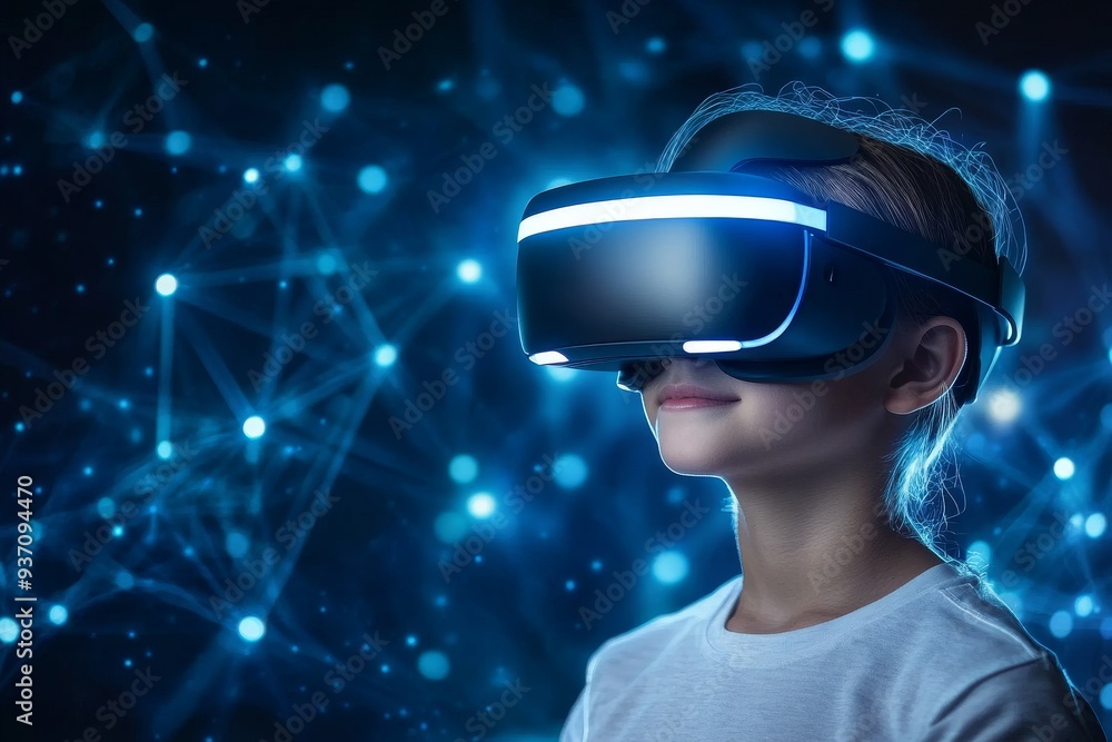 Woman in a dark starry environment wearing a glowing VR headset symbolizing the immersive and otherworldly experiences offered by modern virtual reality Woman in a dark starry environment wearing a glowing VR headset symbolizing the immersive and otherworldly experiences offered by modern virtual reality
