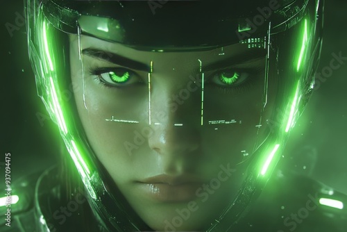 Futuristic woman with glowing green visor representing the high tech and advanced qualities of modern digital experiences in a sci fi inspired environment photo