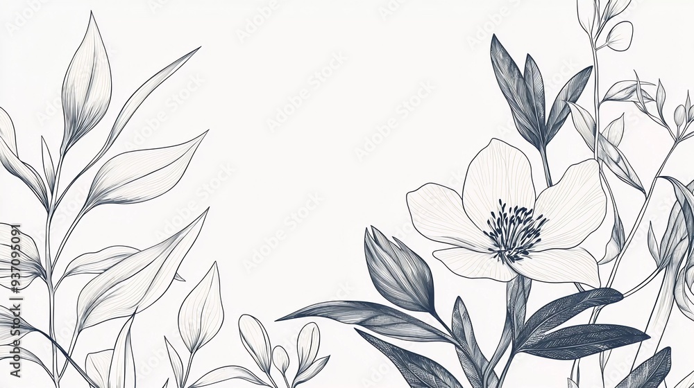 Luxury botanical background with trendy wildflowers and minimalist flowers for wall decoration or wedding. Hand drawn line herbs, elegant leaves for invitation save the date card. which is very beauti Luxury botanical background with trendy wildflowers and minimalist flowers for wall decoration or wedding. Hand drawn line herbs, elegant leaves for invitation save the date card. which is very beauti