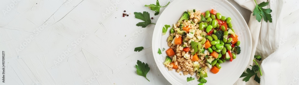 Plate of brown rice and vegetable stirfry with a side of edamame, food, recipes, healthy, copy space Plate of brown rice and vegetable stirfry with a side of edamame, food, recipes, healthy, copy space