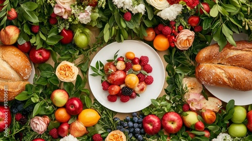 Fresh Fruit and Bread Arrangement on a Tabletop with Greenery