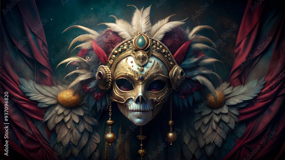 Ornate Golden Mask with Feathers and Jewels in Mysterious Gothic Style Ornate Golden Mask with Feathers and Jewels in Mysterious Gothic Style