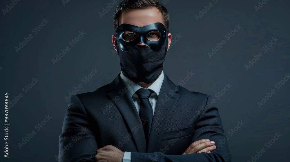 Masked Man in Suit with Arms Crossed Against a Dark Background Masked Man in Suit with Arms Crossed Against a Dark Background