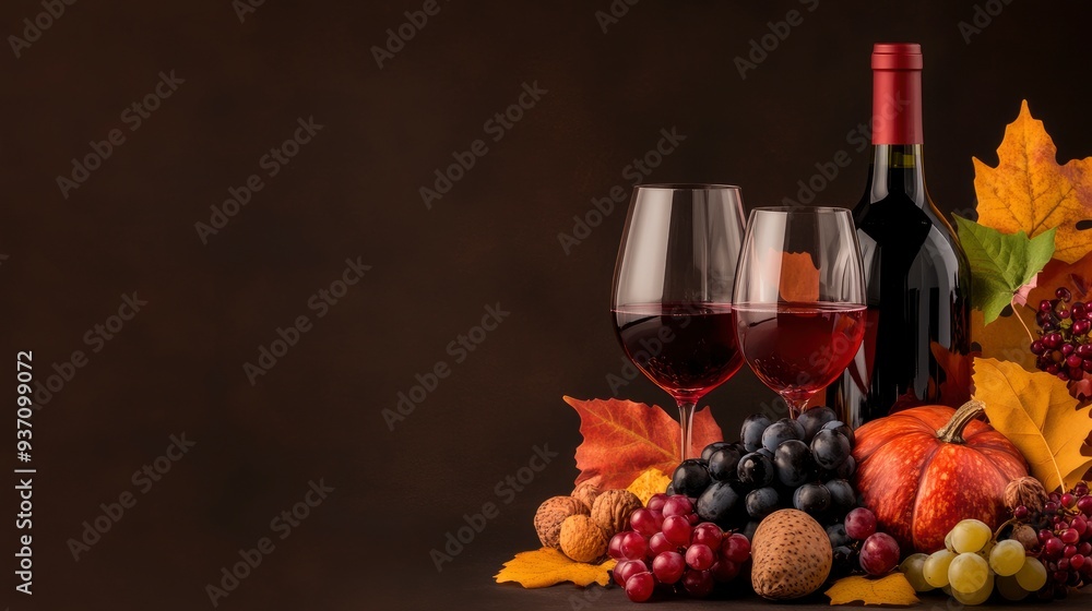 Obraz premium Autumn Wine and Grapes Still Life with Copy Space