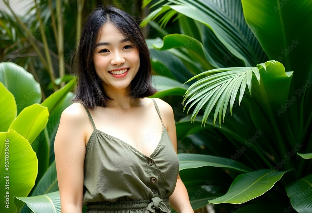 Smiling Woman with Tropical Plants Smiling Woman with Tropical Plants