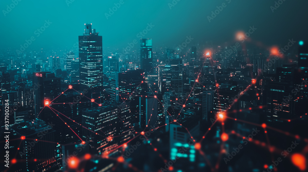 Smart digital city with connection network reciprocity over the cityscape . Concept of future smart wireless digital city and social media networking systems that connects people within the city Smart digital city with connection network reciprocity over the cityscape . Concept of future smart wireless digital city and social media networking systems that connects people within the city