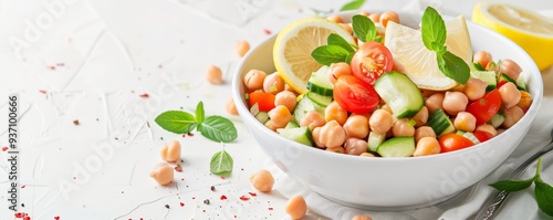 Chickpea salad with cucumbers, tomatoes, and a lemon dressing, food, recipes, healthy, copy space