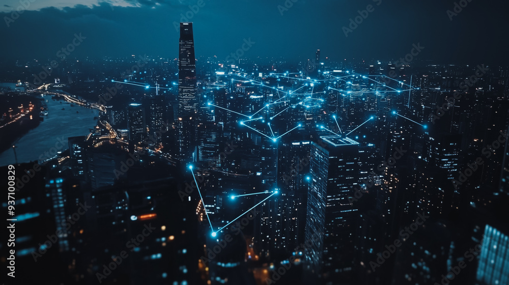 Fototapeta premium Smart digital city with connection network reciprocity over the cityscape . Concept of future smart wireless digital city and social media networking systems that connects people within the city