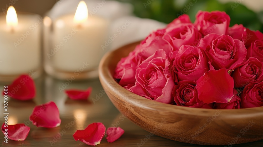 Rose petals in a wooden bowl with candles Rose petals in a wooden bowl with candles