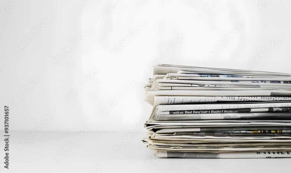 Pile of newspapers on white background. 