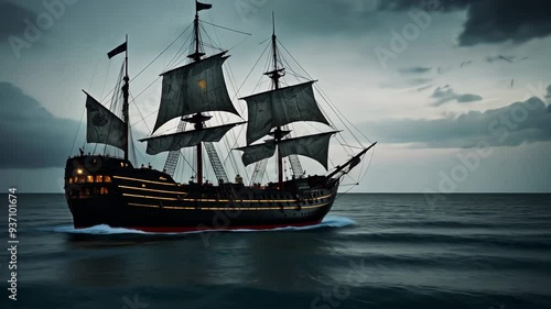 Video footage of  large, old fashioned sailing ship with multiple masts and sails on the open sea under a cloudy sky