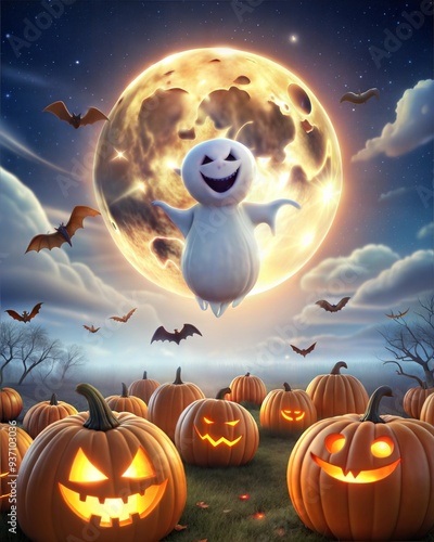 happy halloween background with pumpkins, full moon, ghost