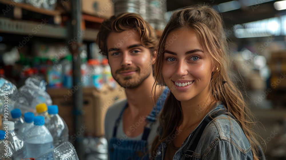 Happy couple delivering plastics at the recycling point Happy couple delivering plastics at the recycling point