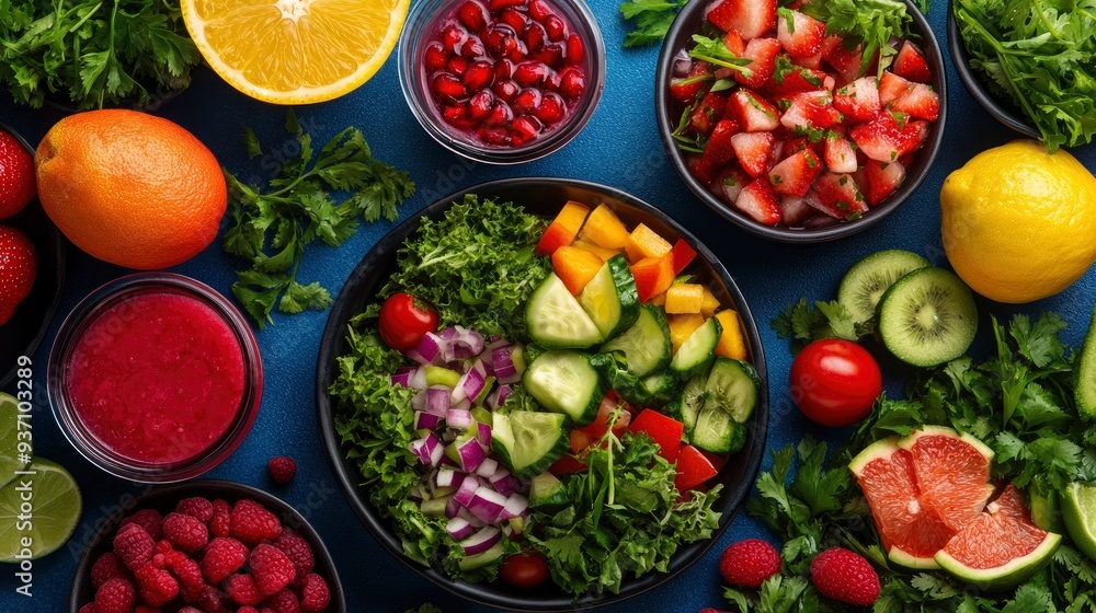 Fresh and Healthy Salad with Fruits and Vegetables Fresh and Healthy Salad with Fruits and Vegetables