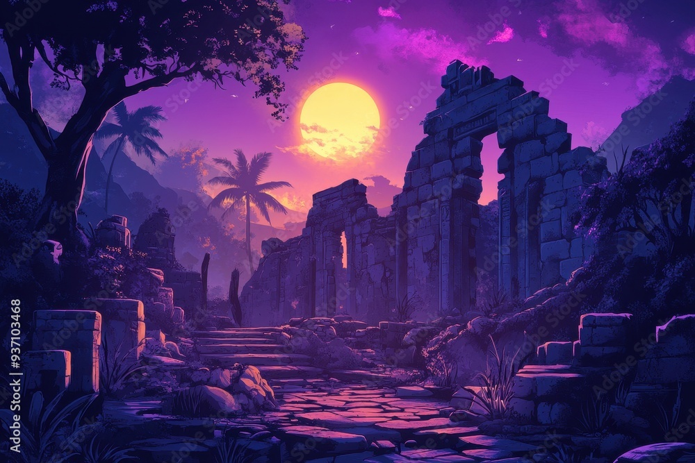 Stone Ruins and Palm Trees Under a Purple Sunset Stone Ruins and Palm Trees Under a Purple Sunset