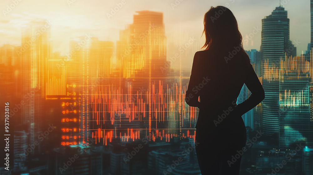 Fototapeta premium Abstract business woman stands on the peak of success amid tall, innovative Smart city and graphs with statistics to analyze business potential and predict future developments in company growth.