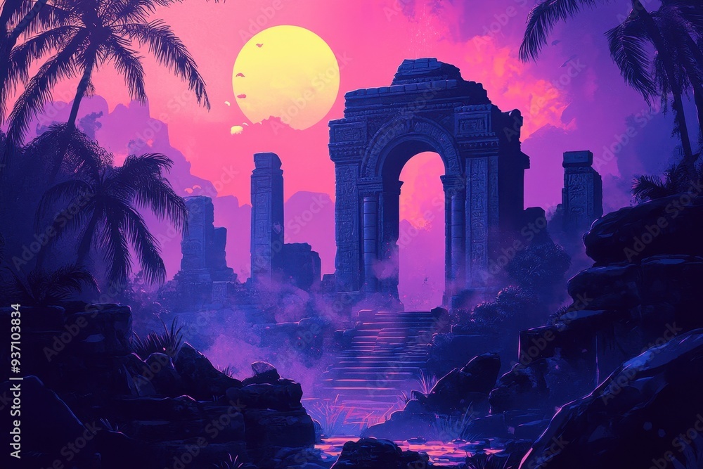 Fototapeta premium Ancient Ruins with Palm Trees and a Large Sun in a Purple Sky