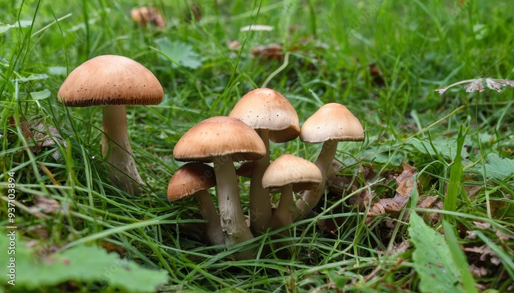 Wild mushrooms thriving in a lush green field Wild mushrooms thriving in a lush green field