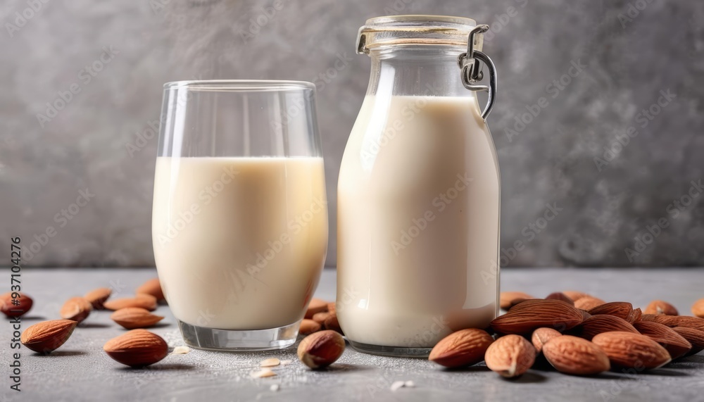 Nutritious start to the day with almond milk and almonds Nutritious start to the day with almond milk and almonds