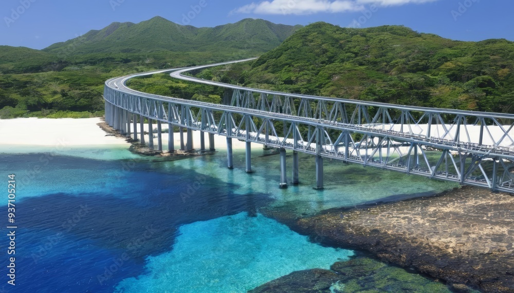 Fototapeta premium Elegant bridge over serene waters leading to tropical paradise