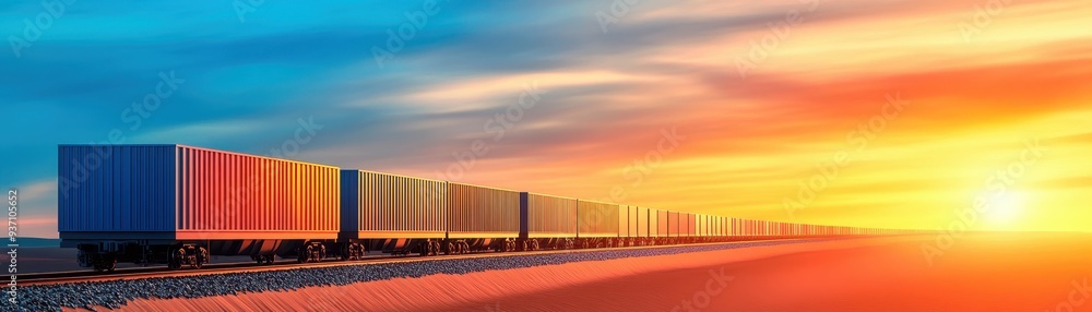 Fototapeta premium Industrial Transport of Lignite Coal - Freight Train 3D Illustration with Copy Space for Text in Landscape