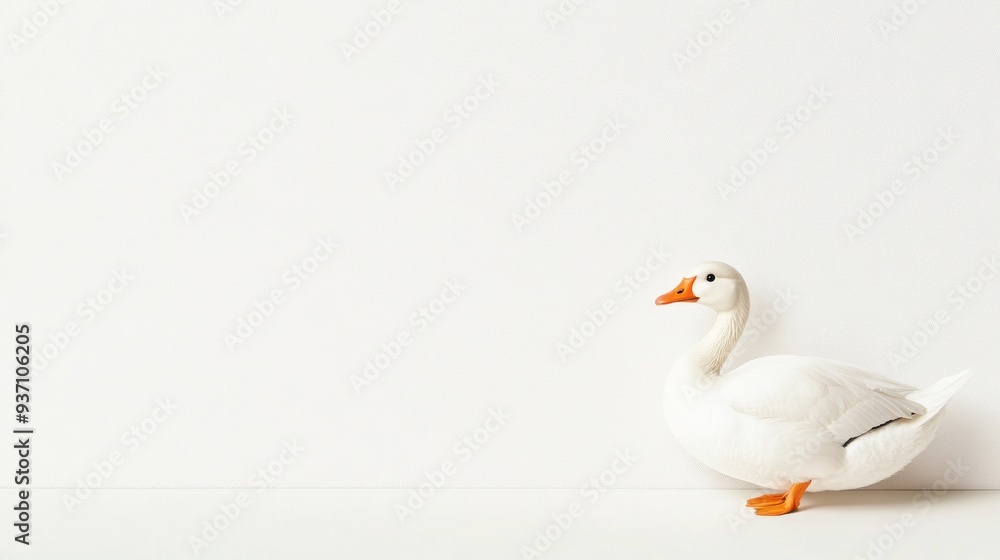 Obraz premium A white goose with an orange beak stands on a white surface against a white textured background, with copy space.