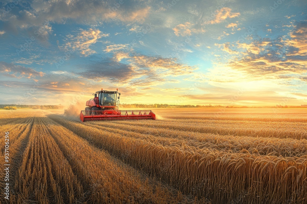 Rural harvest scene showing a harvester working in the wheat field with red and white machinery colors Rural harvest scene showing a harvester working in the wheat field with red and white machinery colors