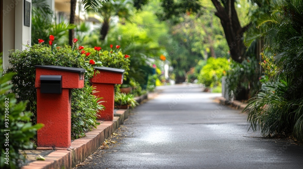 Two red mailboxes stand on a brick walkway in a lush green tropical garden. Two red mailboxes stand on a brick walkway in a lush green tropical garden.