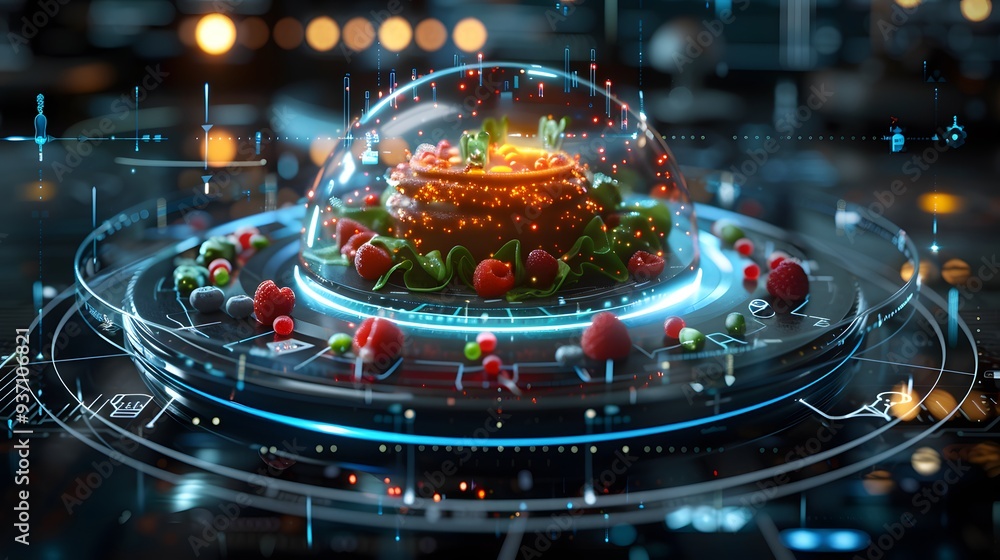 Futuristic Food Display with Chocolate Cake and Berries. Futuristic Food Display with Chocolate Cake and Berries.