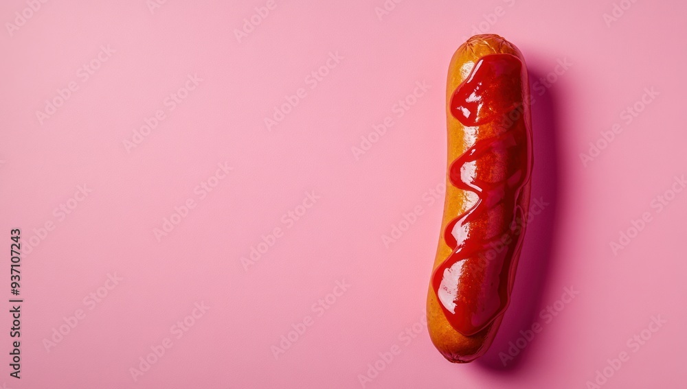 Sausage with ketchup on a pink background, viewed from above Sausage with ketchup on a pink background, viewed from above
