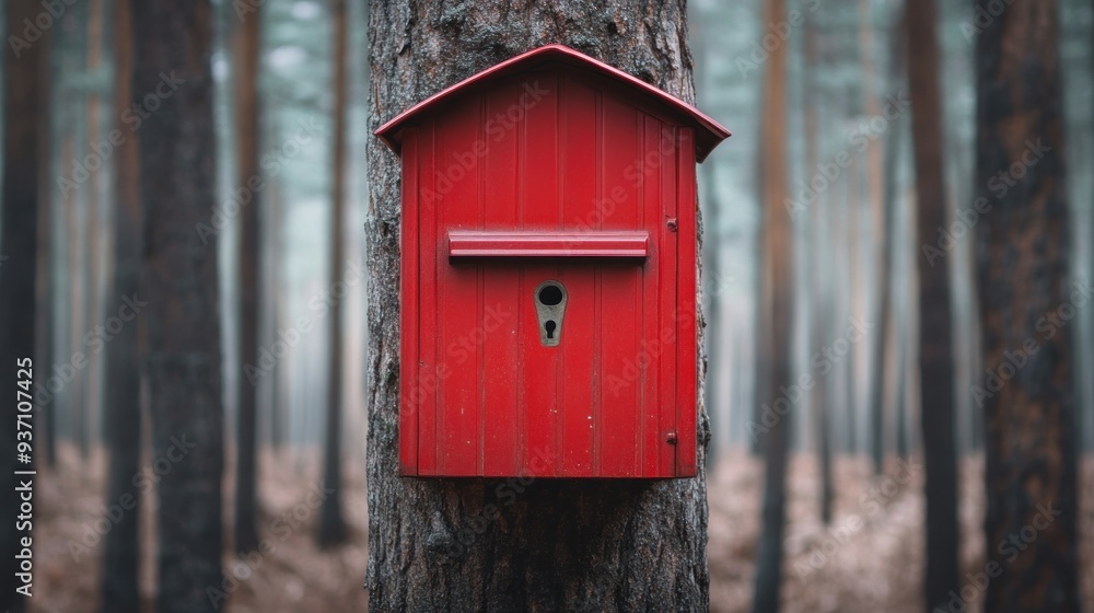 A bright red birdhouse is attached to a tree trunk in a forest. A bright red birdhouse is attached to a tree trunk in a forest.