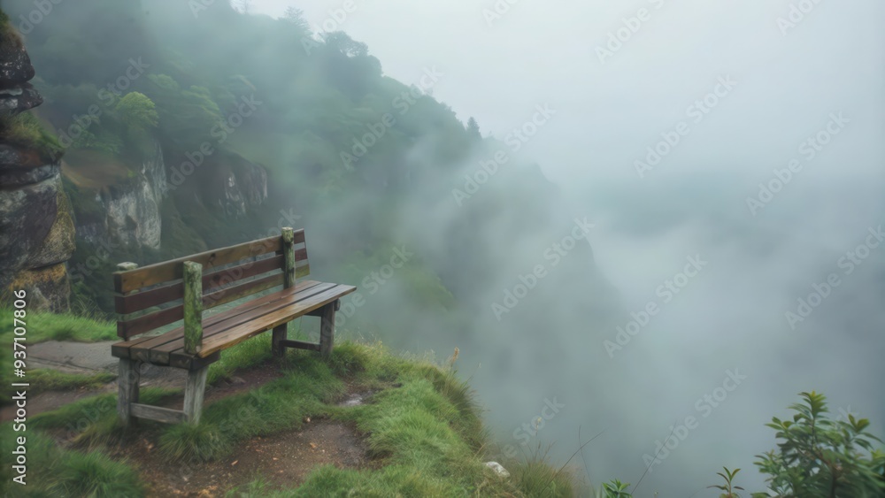Obraz premium A Wooden Bench Overlooking a Foggy Mountain Valley
