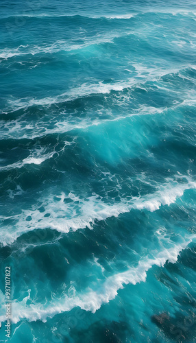 Aerial view of turquoise ocean waves crashing gently, creating white foam. The water is clear and vibrant, showcasing various shades of blue and green.