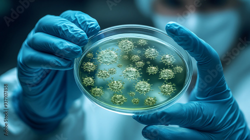 scientist in blue gloves carefully holds a Petri dish, symbolizing precision and dedication in laboratory research. The image captures the essence of scientific exploration and meticulous work