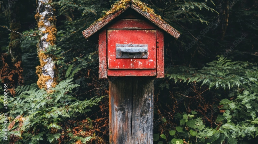 A weathered red wooden mailbox stands tall in a lush green forest, surrounded by moss-covered trees and ferns. A weathered red wooden mailbox stands tall in a lush green forest, surrounded by moss-covered trees and ferns.