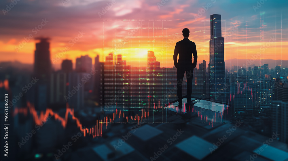 Abstract business man stands on the peak of success amid tall, innovative Smart city and graphs with statistics to analyze business potential and predict future developments in company growth. Abstract business man stands on the peak of success amid tall, innovative Smart city and graphs with statistics to analyze business potential and predict future developments in company growth.