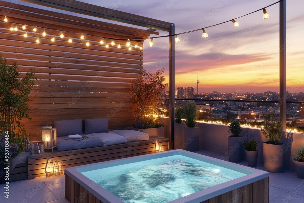 Obraz premium rooftop terrace with wooden slat wall, small hot tub and seating area