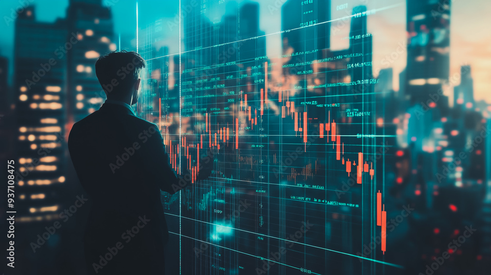 Abstract business man stands on the peak of success amid tall, innovative  Smart city and graphs with statistics to analyze business potential and predict future developments in company growth.