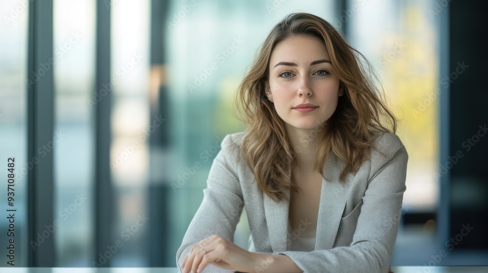 Portrait of a Young Woman with Long Brown Hair in a Light Gray Blazer Portrait of a Young Woman with Long Brown Hair in a Light Gray Blazer