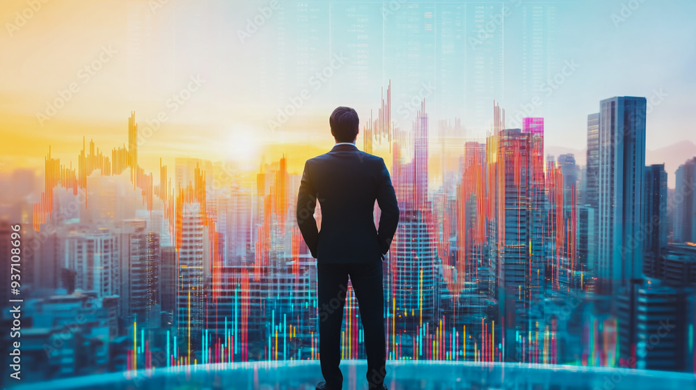 Abstract business man stands on the peak of success amid tall, innovative Smart city and graphs with statistics to analyze business potential and predict future developments in company growth. Abstract business man stands on the peak of success amid tall, innovative Smart city and graphs with statistics to analyze business potential and predict future developments in company growth.